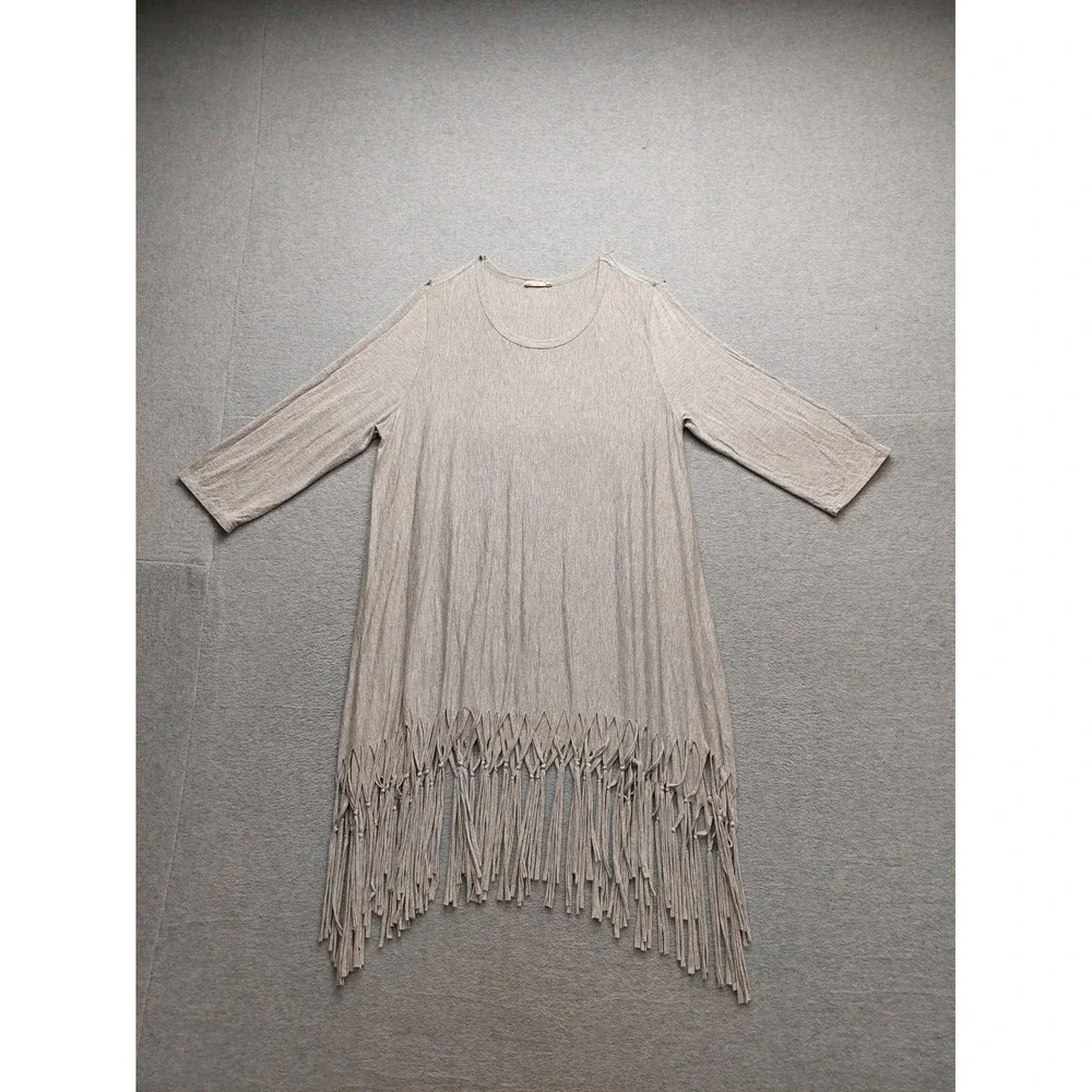 Oddy Women Sweater 3XL Gray Fringe Hem 3/4 Sleeve Lightweight Knit Boho Western